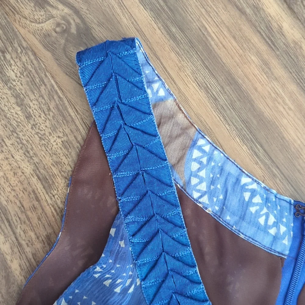 Tory Burch 100% Silk Sleeveless Blue & Brown Dress